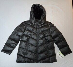 DNKY Women’s Hooded Zip-Front Lightweight Shiny Black Puffer Jacket ~ Large